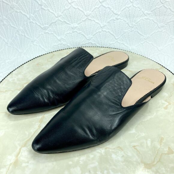 J. Crew Mules Womens 8 Black Leather Pointed Toe Sleek Minimalist Slip On Clogs - Picture 5 of 12